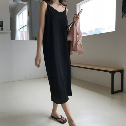 Sexy Women Maxi Dress Loose Sleeveless Dresses V-neck Sling Long Black Party Dress